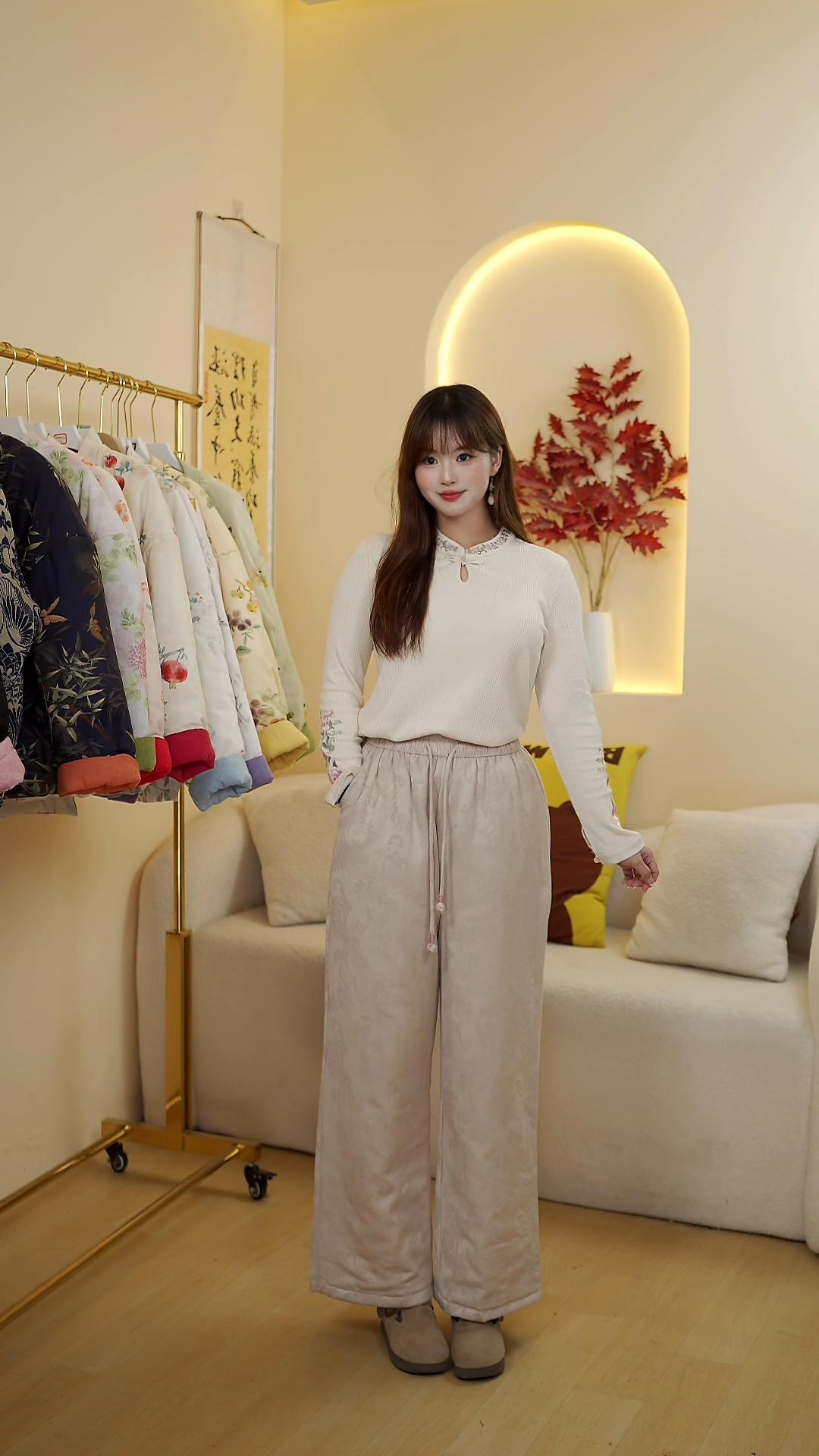 沫沫家【提花裤子】2025冬季夹棉裤中国风复古加绒阔腿裤子中式加厚