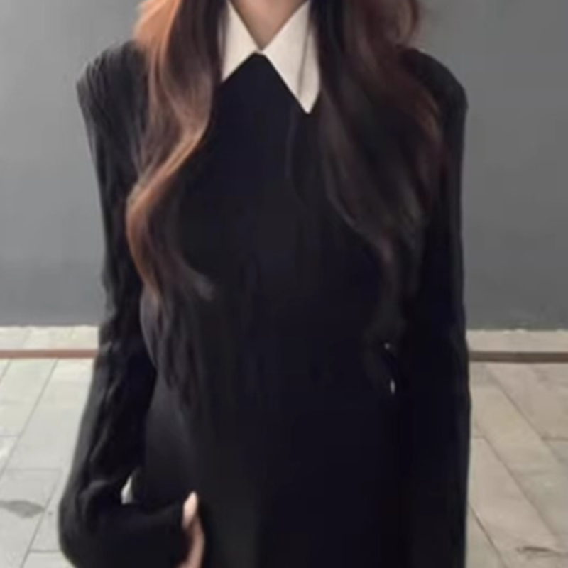 黑色假两件麻花毛衣针织衫女秋冬学院风上衣短款设计感衬衫领毛衣