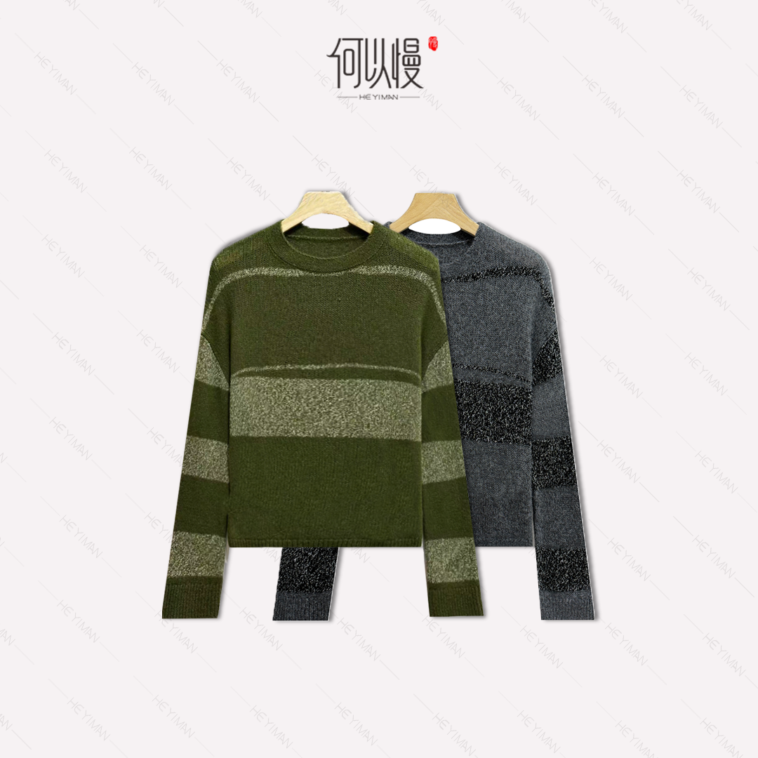 【何以慢】175g丝羊绒秋冬极简条纹轻奢柔软针织圆领毛衫A4-A51063