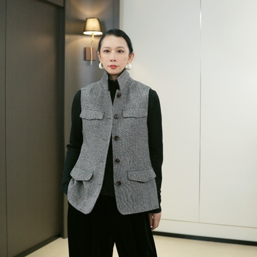 UWW2510005「廊桥遗梦」羊毛呢加棉秋冬老钱风复古人字纹立领马甲