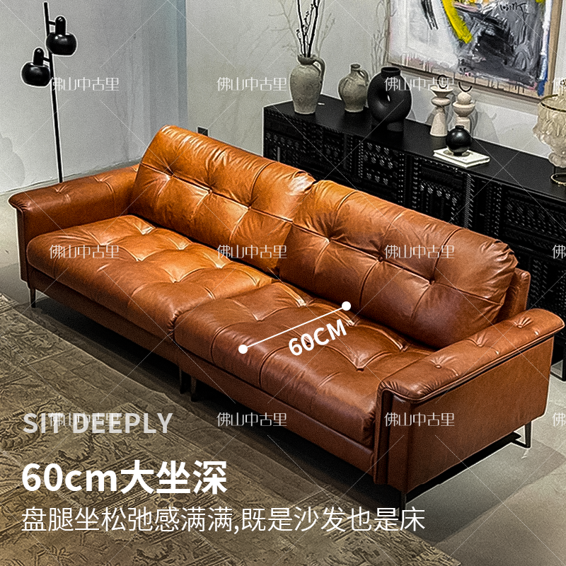 中古风三人沙发法式复古油蜡真皮沙发小户型棕色直排头层牛皮沙发