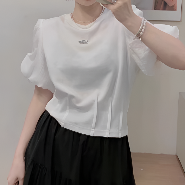 【女人家】6633夏季新款韩系泡泡袖洋气收腰T恤极简风休闲短袖上衣