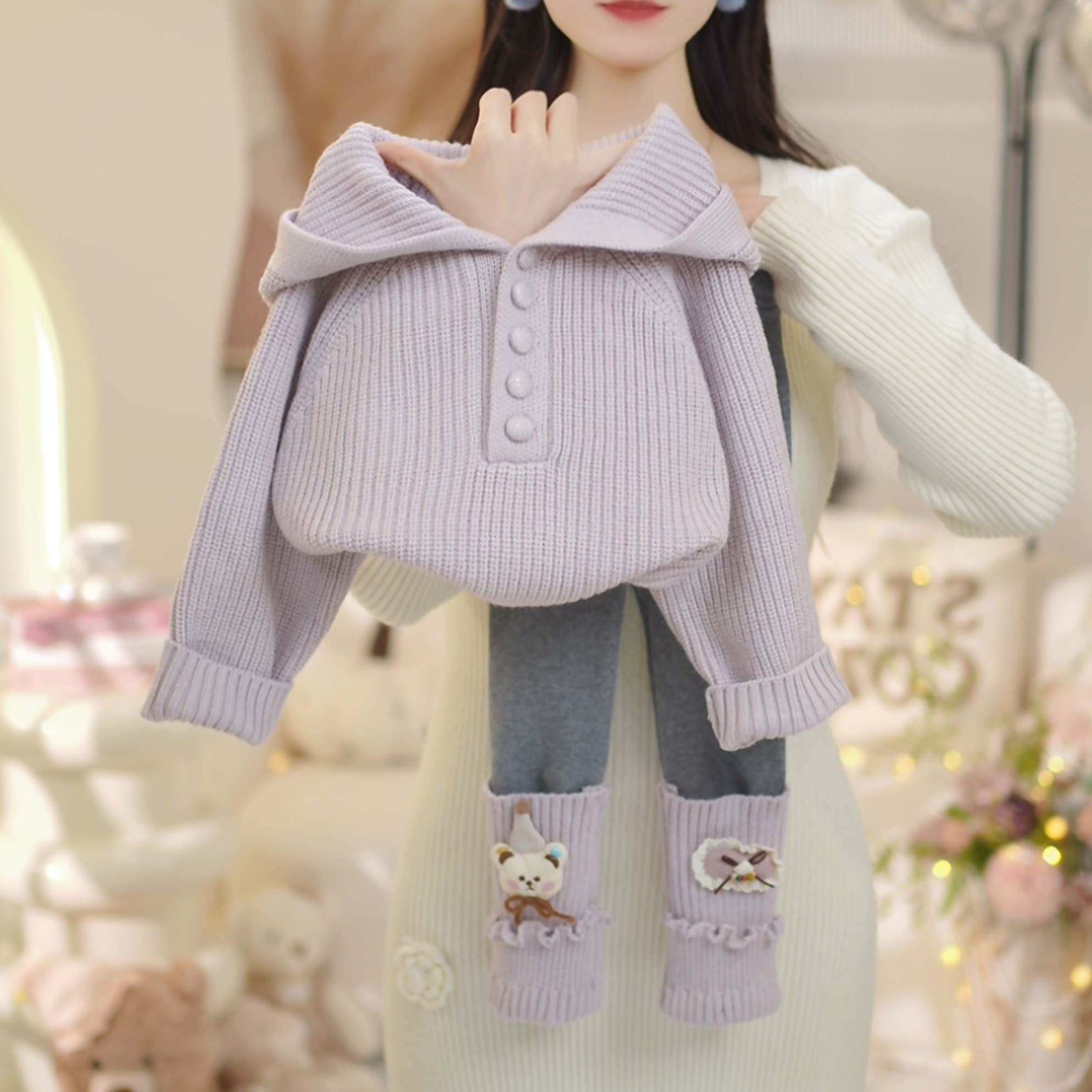 女童2025冬季新款连帽加厚紫色毛衣➕加绒打底裤套装C25016