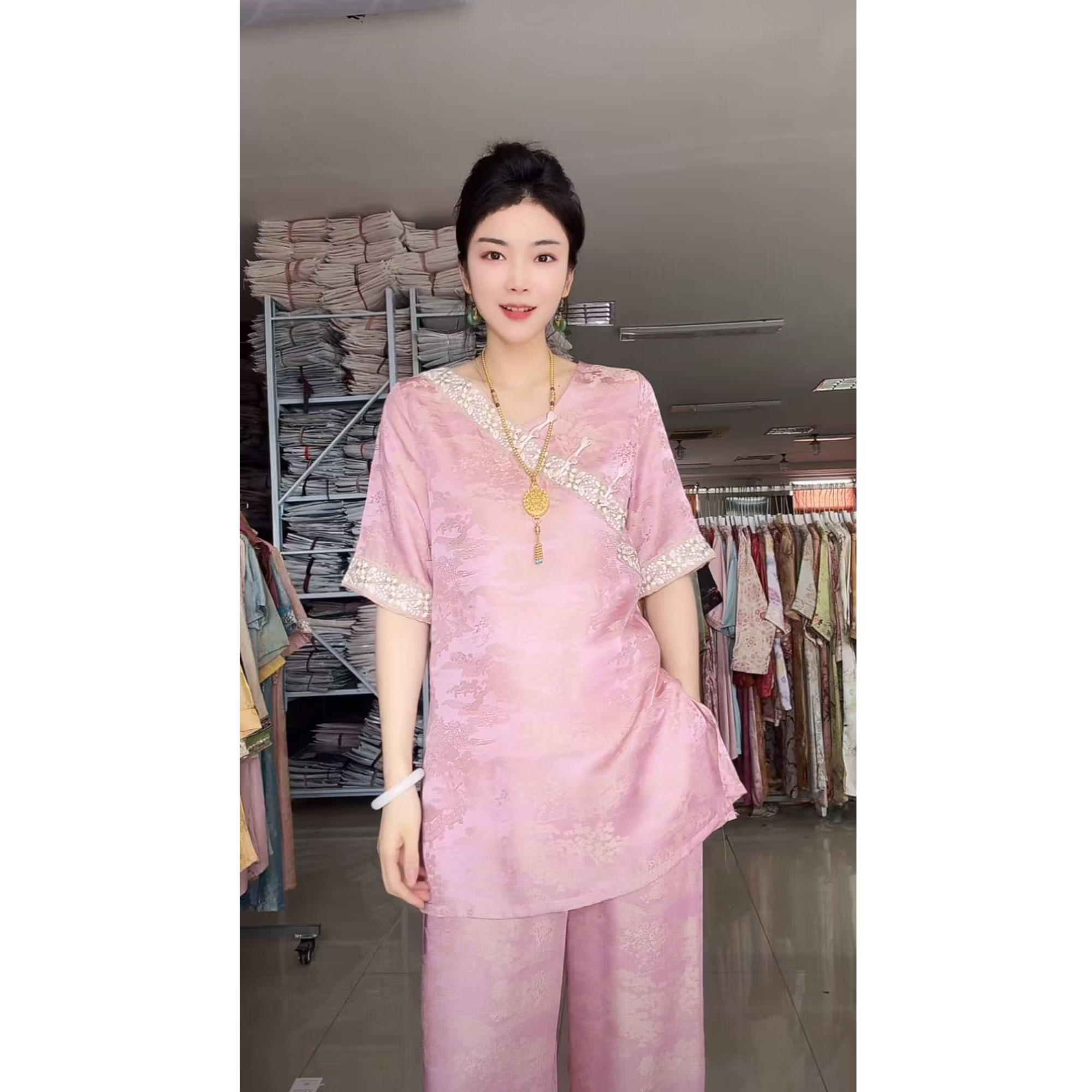 0300-常熟新中式夏季新款气质百搭V领女士长裤套装