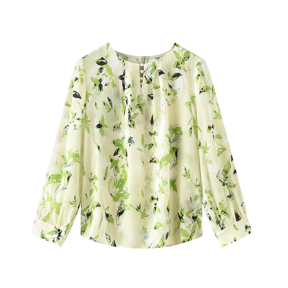 涵玖玥【桑蚕丝】新款珍珠扣长袖绿意上衣M-02-317