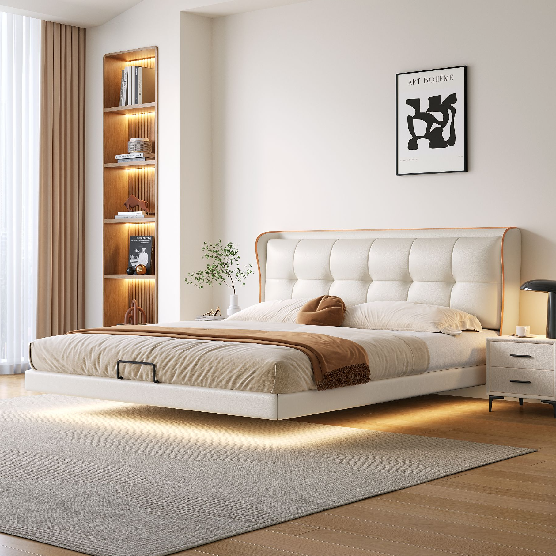 悬浮床奶油风现代简约主卧大床婚床多功能带灯网红双人床真皮床