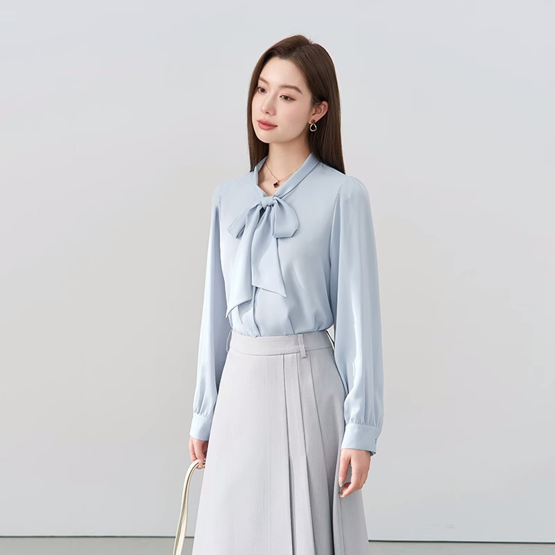 春夏蓝色时尚蝴蝶结衬衫女新款职业正装内搭上衣面试衬衣气质长袖