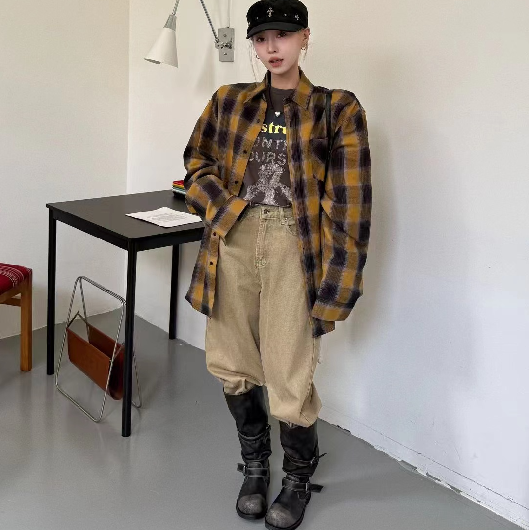 【宠儿财神加厚老钱格子拼色慵懒松弛百搭衬衣】