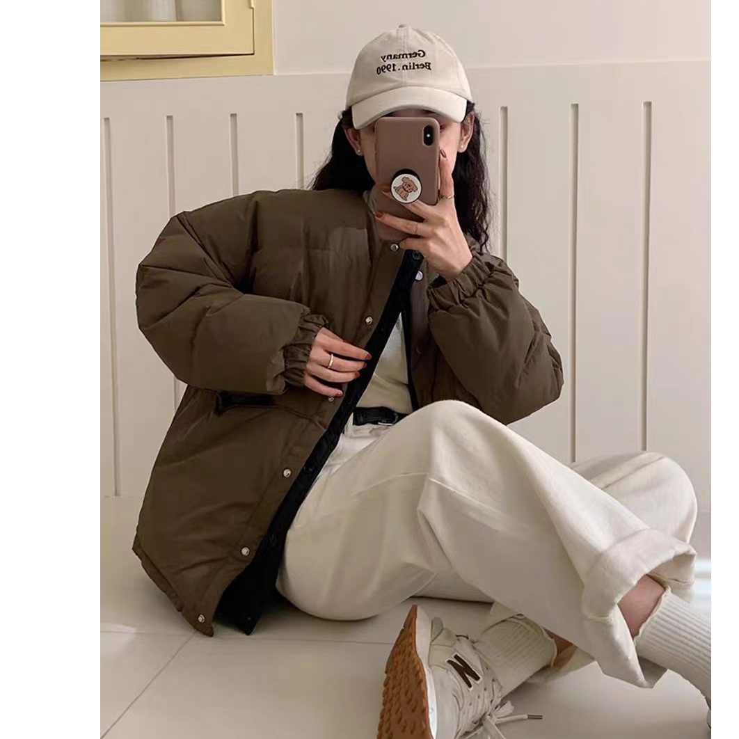 圆领假两件拼接宽松休闲加厚羽绒服5424