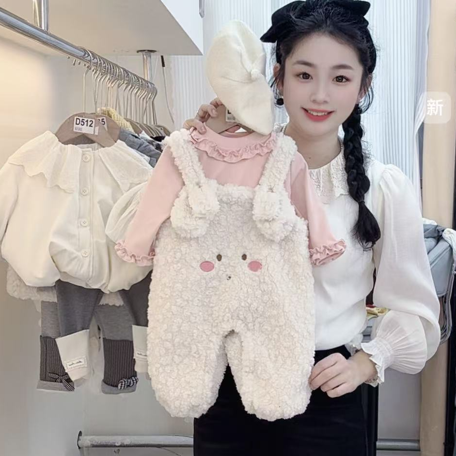 秋冬季新款女宝宝毛毛可爱背带裤两件套打底衫两件套洋气加厚