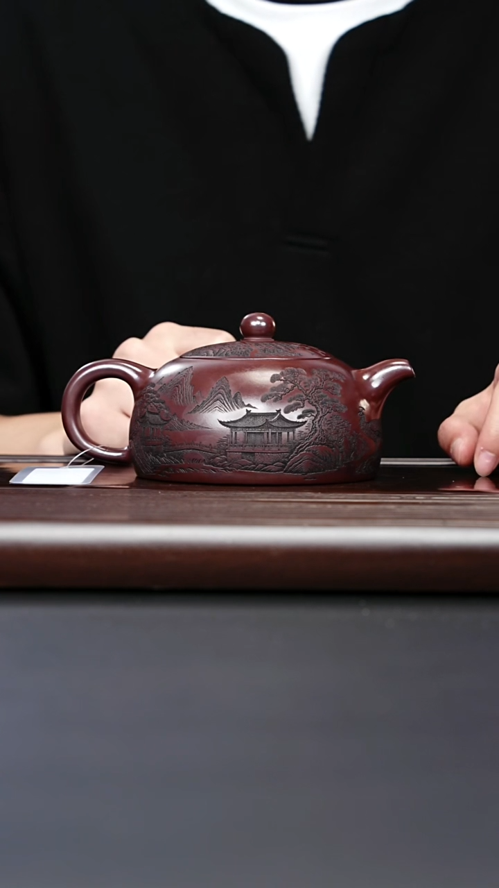 紫砂壶宜兴紫砂 亭台半月 铁血石红砂 李恒阳 380cc 354