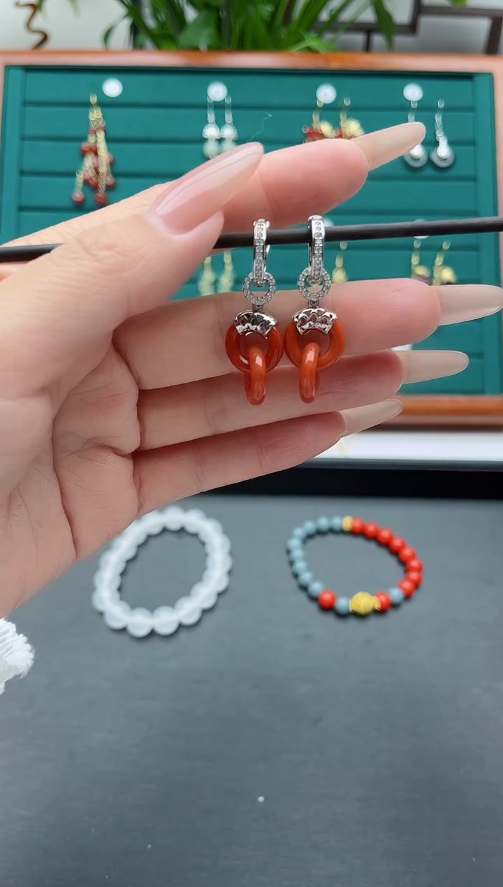 【闪购商品】翡翠耳饰银S925镶嵌11红翡翠耳扣