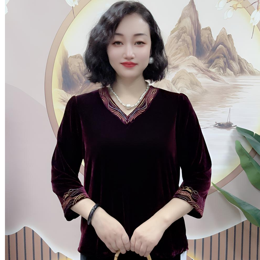新款V领丝绒刺绣祥云气质秋冬时尚春秋显瘦打底衫上衣妈妈装小衫