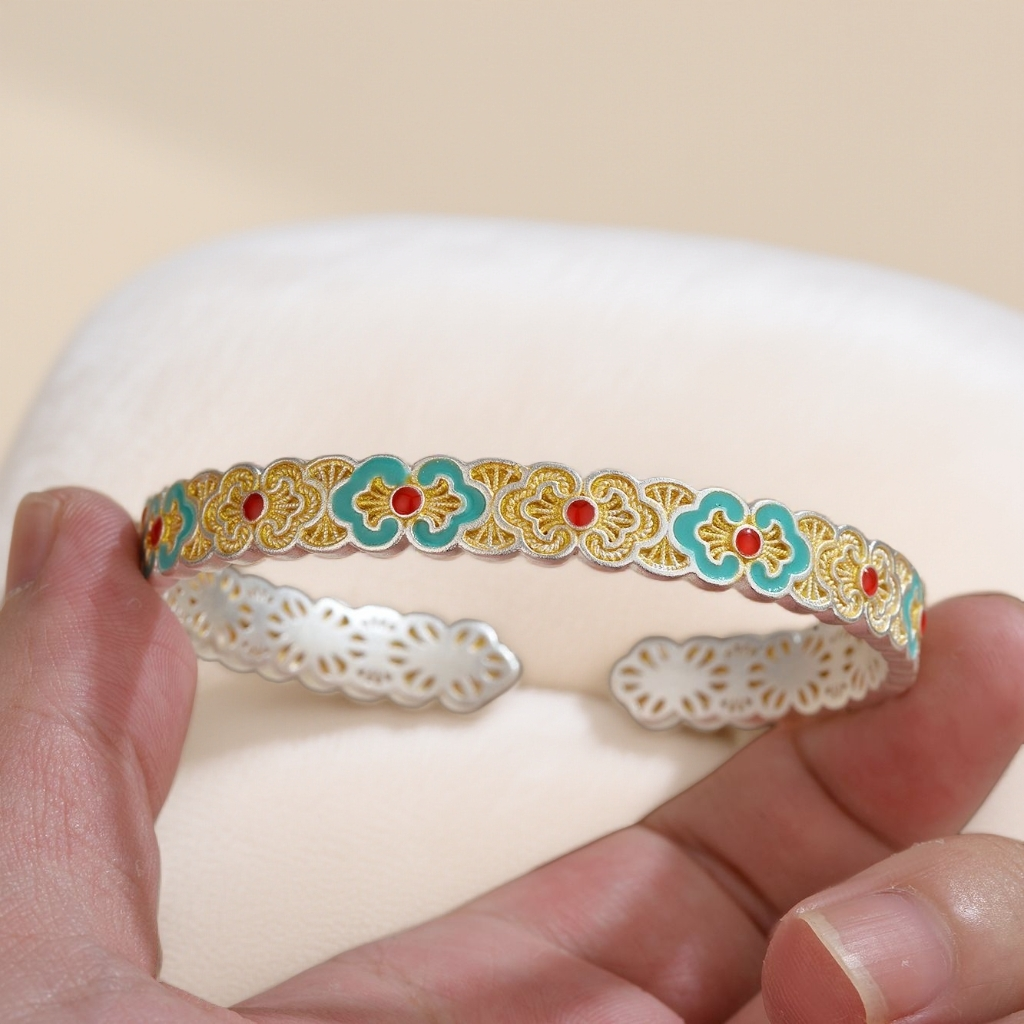 999.9银珐琅彩花丝如意开口手镯