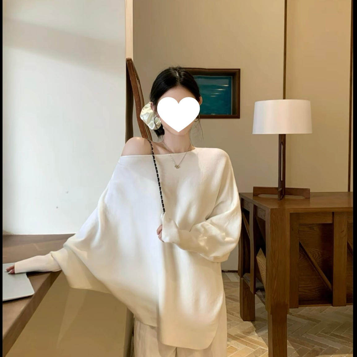「现货24H·运补3-5」不规则一字肩长袖T恤女小众蝙蝠袖宽松慵懒上衣