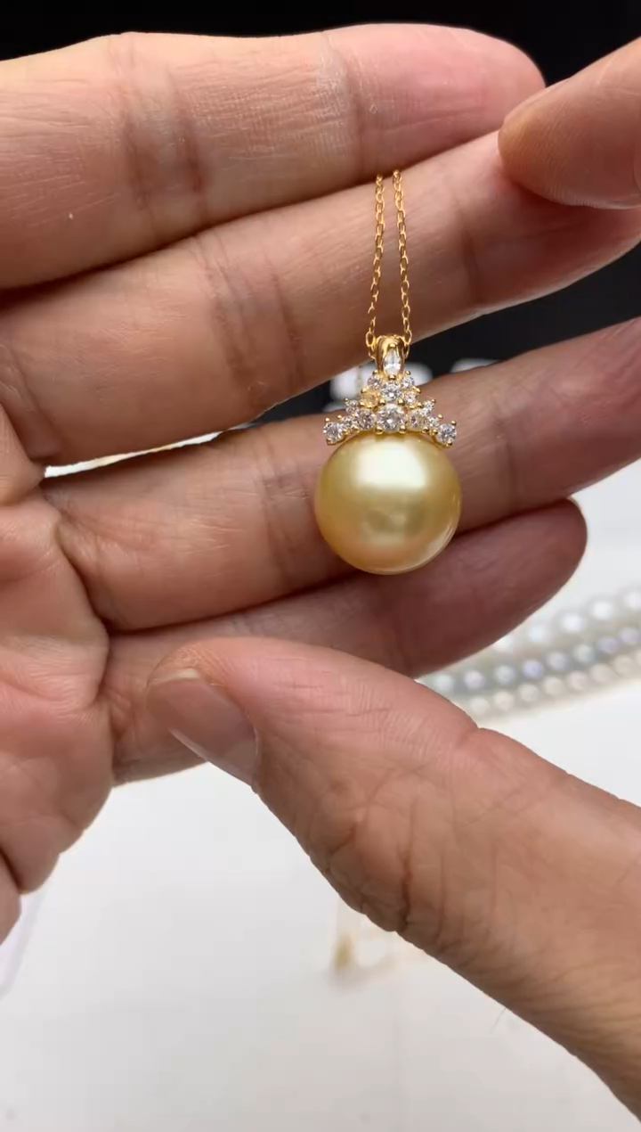 银S925镶嵌ff海水珍珠金珠吊坠(赠链）13~14mm
