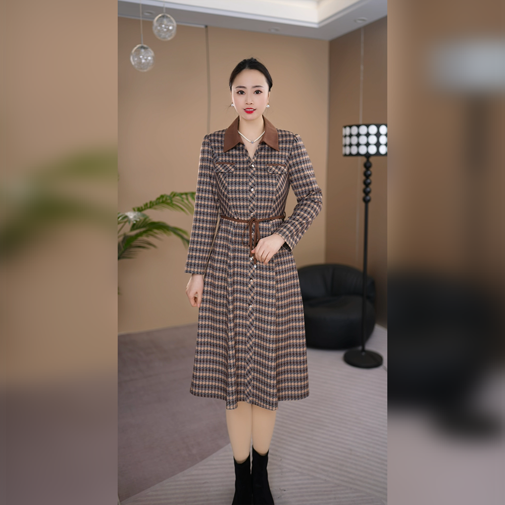 2025秋季新款女装连衣裙气质长袖洋气时尚修身格子女装连衣裙
