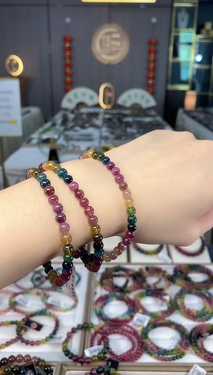 未镶嵌老矿碧玺彩虹三圈手串5mm+碧玺dan多样性发货一条