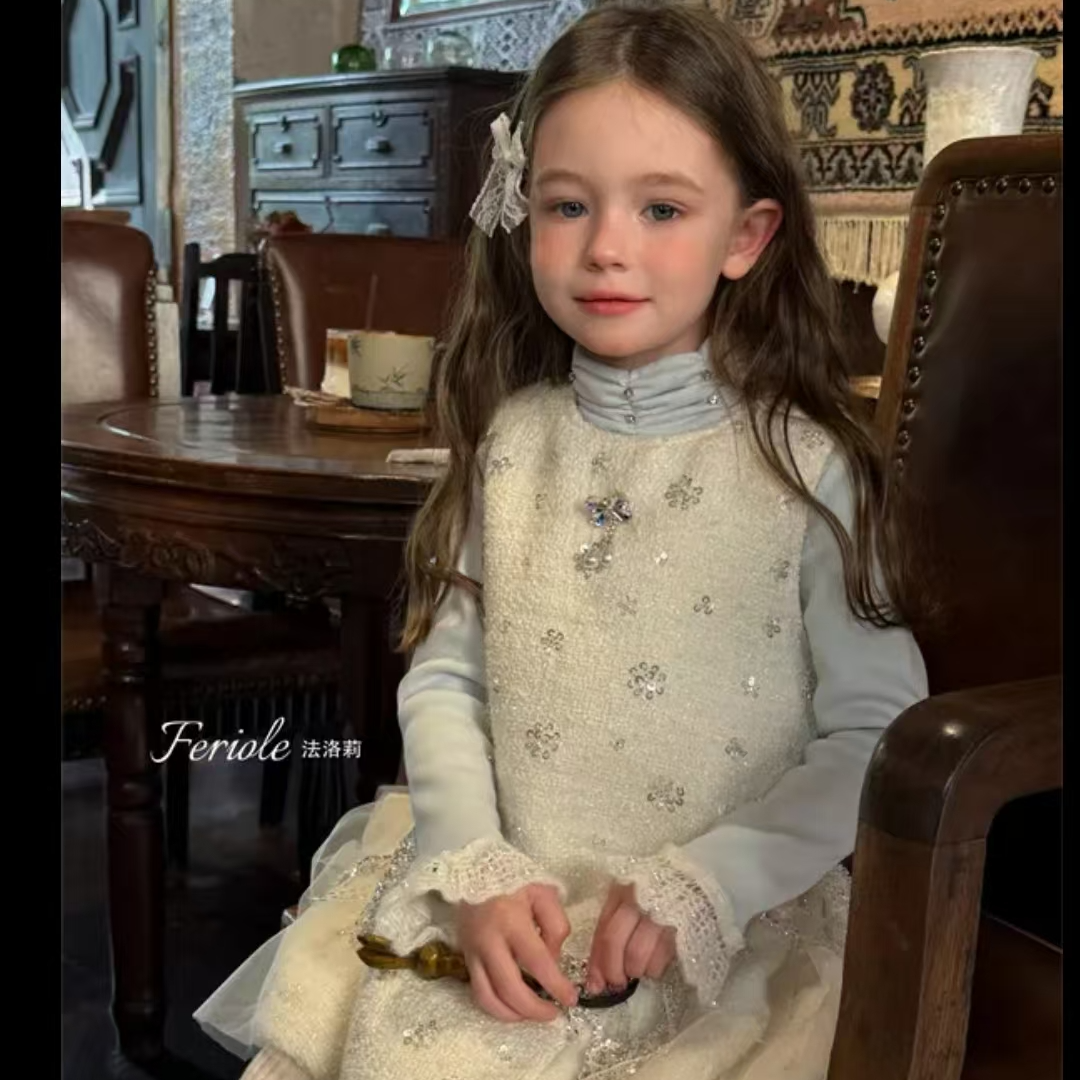 法洛莉•25冬~女童蕾丝加绒打底衫53827蓝色     4--2