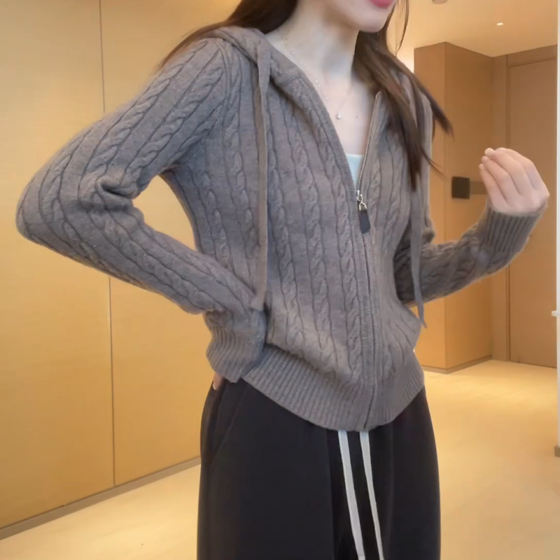 【麻花纹理感】连帽修身毛衣女针织开衫秋冬显瘦上衣LK2509006