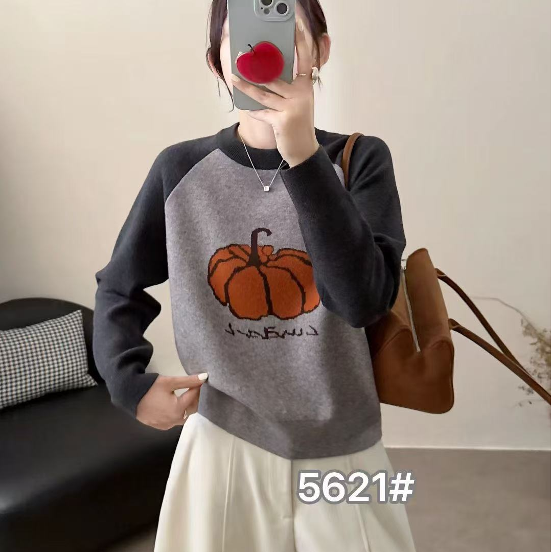 [ W i F i ]5621韩版撞色南瓜提花圆领毛衣(衣长58)