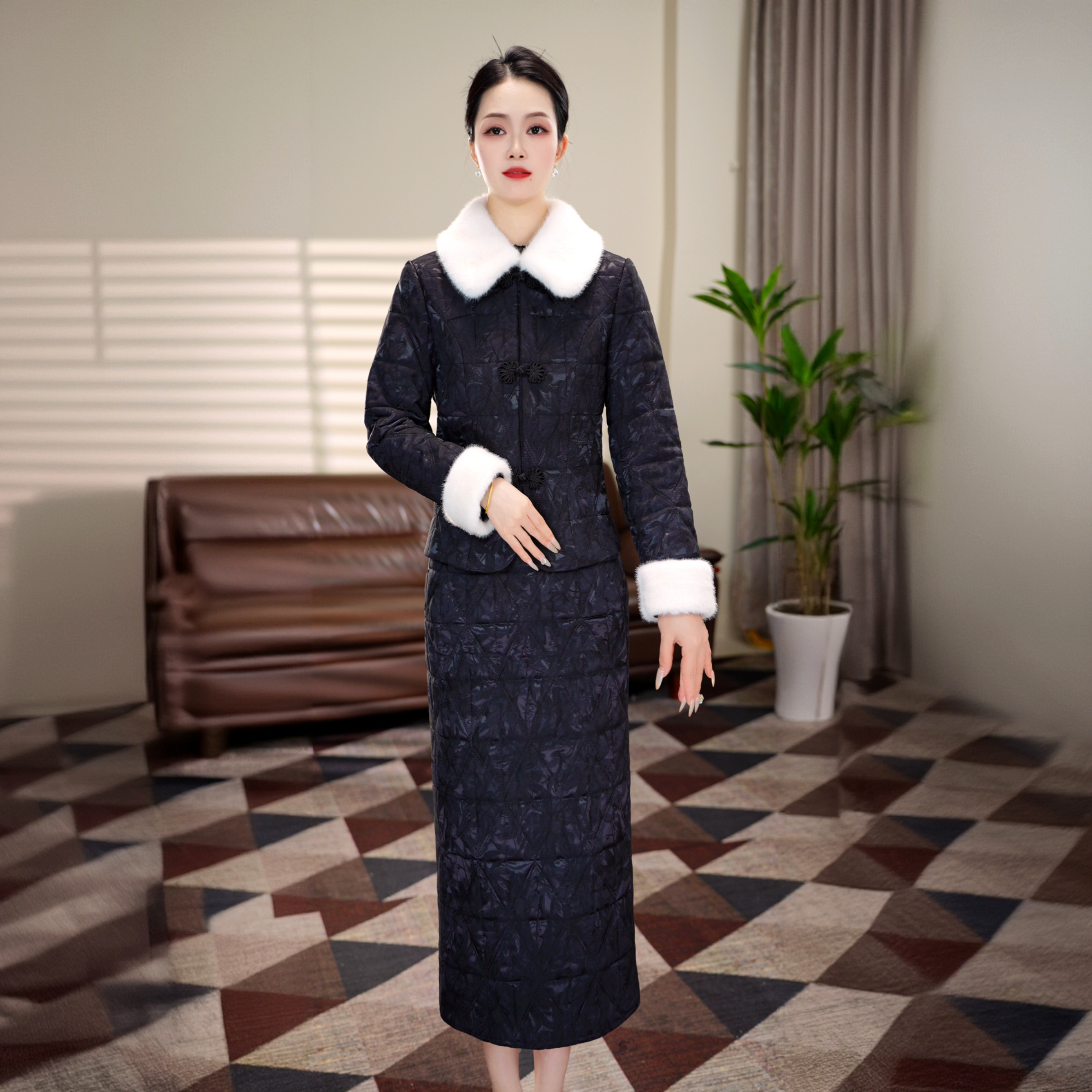 【华溢菲】新中式夹棉保暖时尚轻奢妈妈装两件套连衣裙