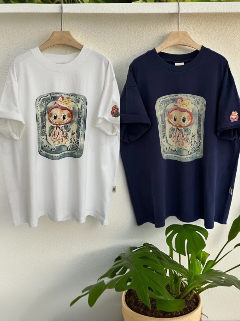 【兔子布布】磨毛卡通动漫短袖复古印花T恤卡通印花圆领百搭女士
