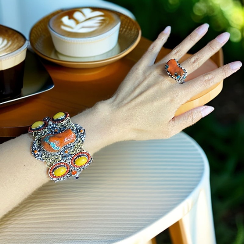 925银手镯 国风彩色925银古风手工时尚素款复古手镯民族风红手镯