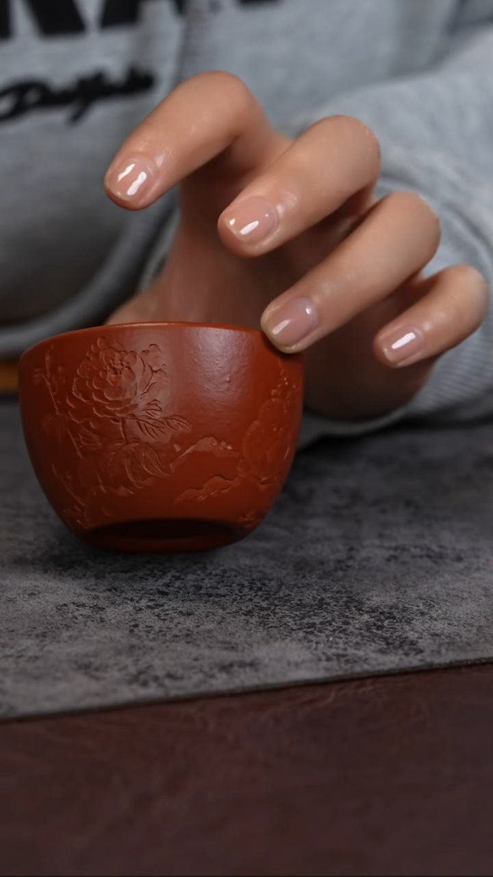 【闪购商品】紫砂茶杯朱泥 墩墩杯 牡丹