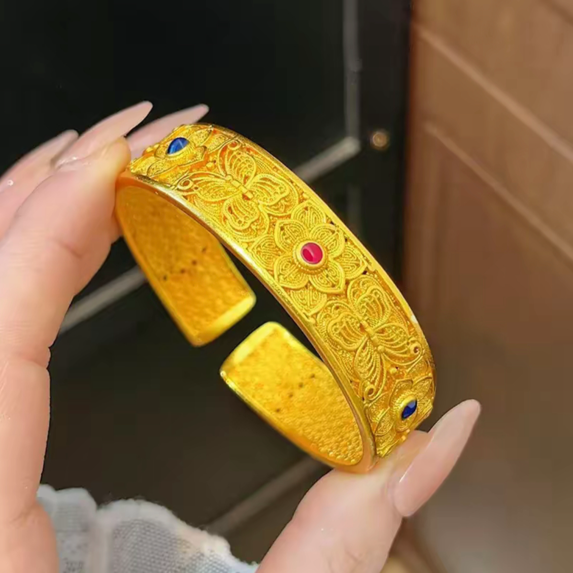 铜合金手镯 铜合金手镯 新中式宽面花丝蝶恋花手镯女百搭镂空镯子