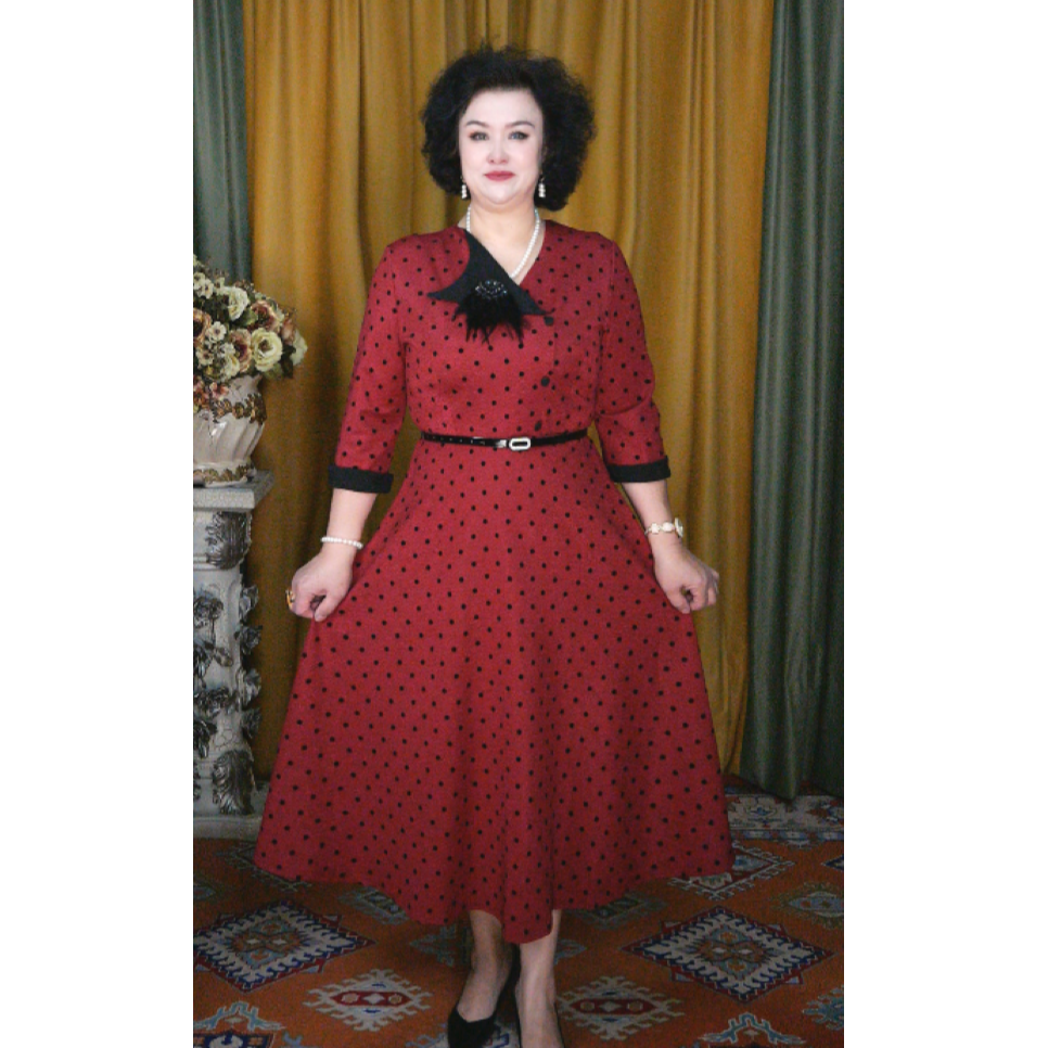 波点连衣裙显瘦气质长袖时尚复古红色法式秋季