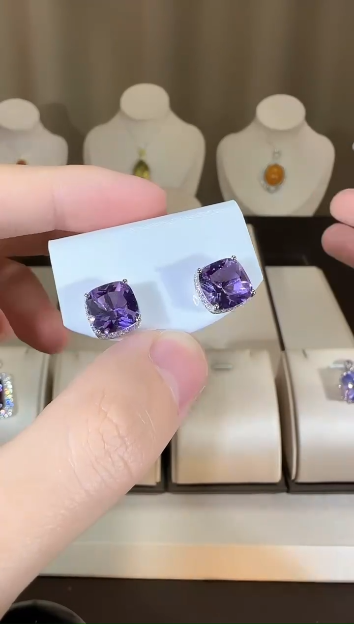 【闪购商品】紫晶耳饰银S925镶嵌10mm耳钉1