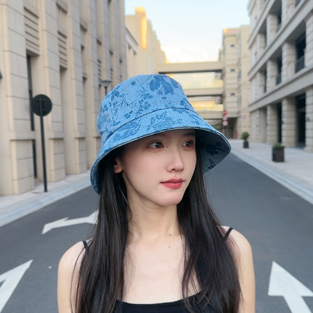 复古牛仔渔夫帽子高品质提花日系显脸小大头围百搭水桶盆帽女