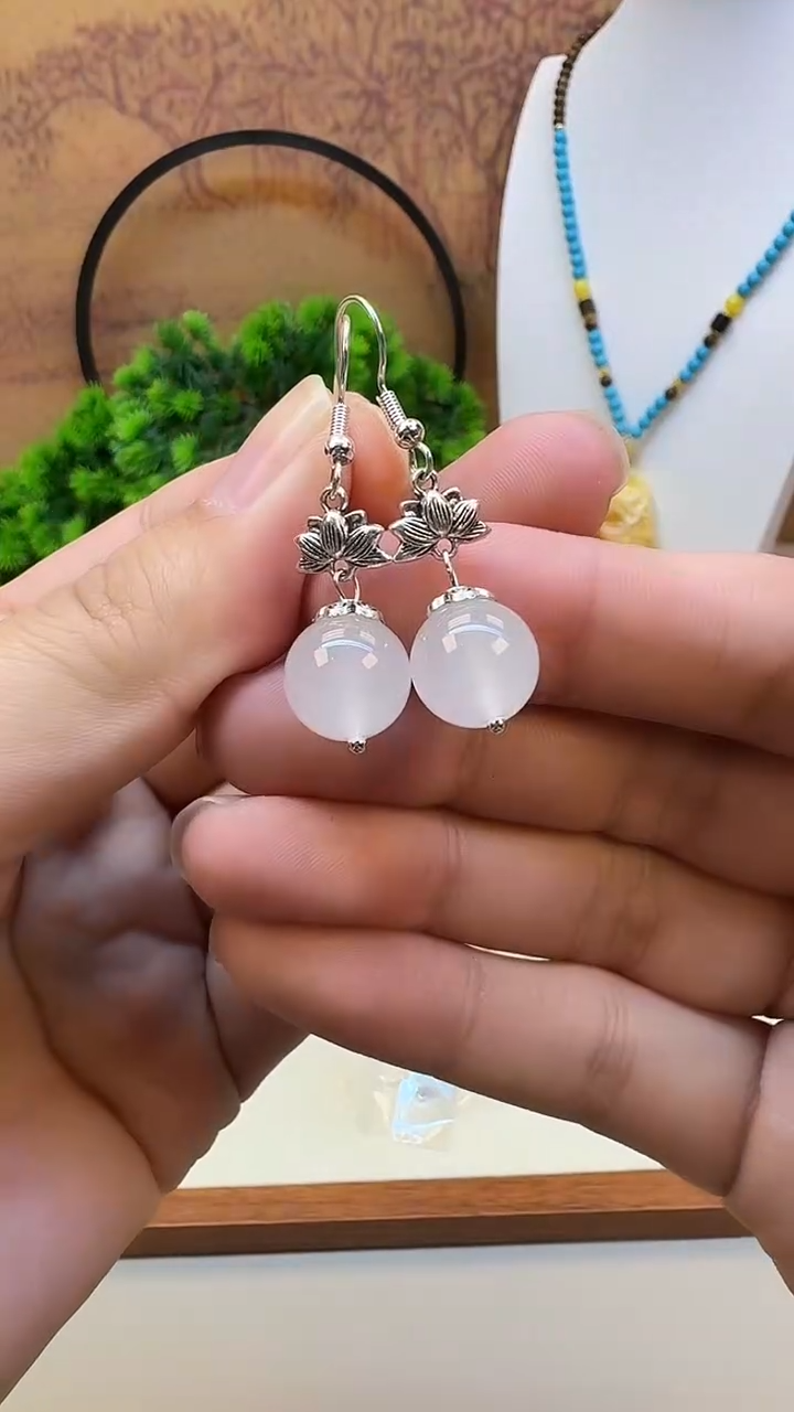 银S925镶嵌和田玉耳饰E128 