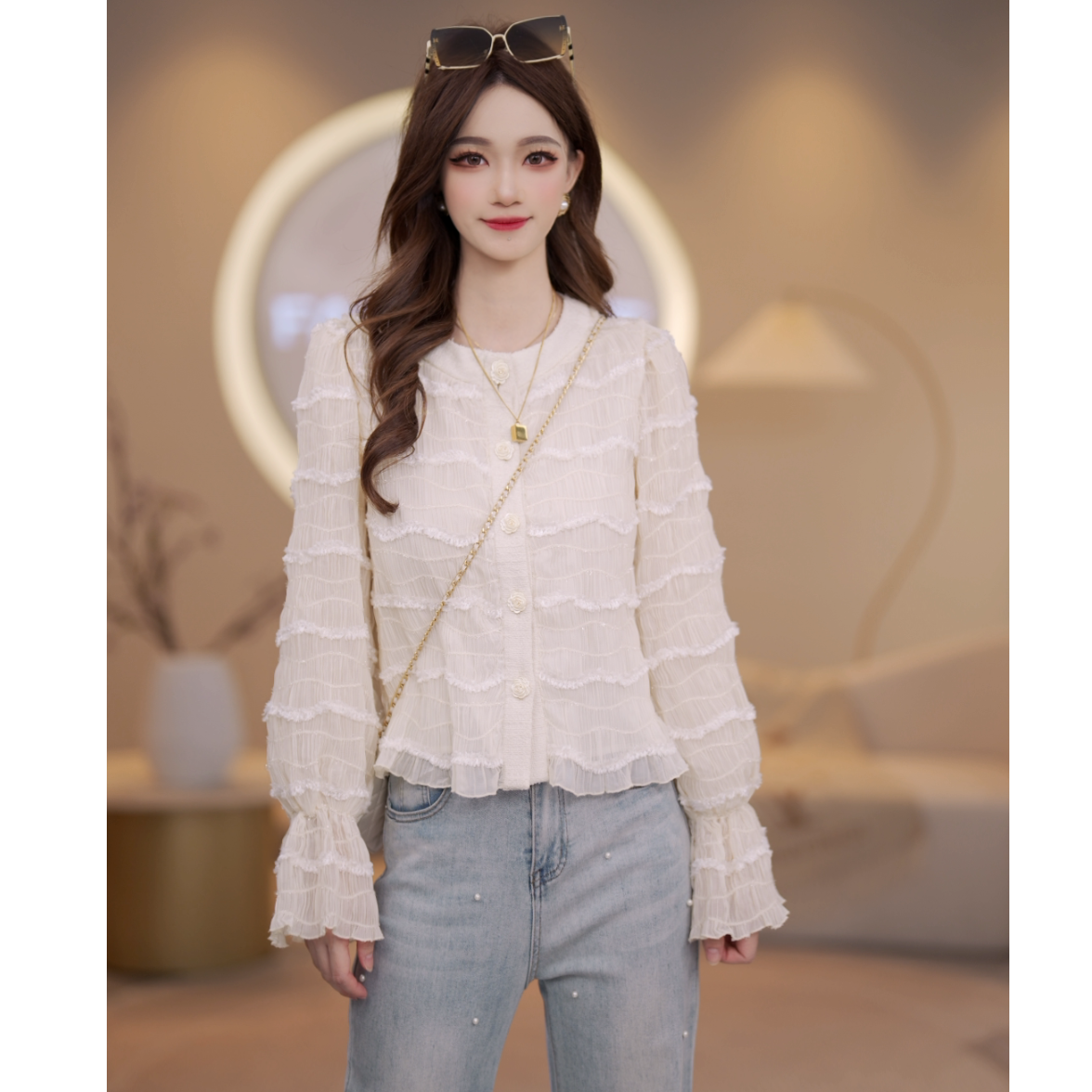 【赫拉港】马克华菲女装蕾丝上衣衬衫长袖气质显瘦 F51004A537 Z