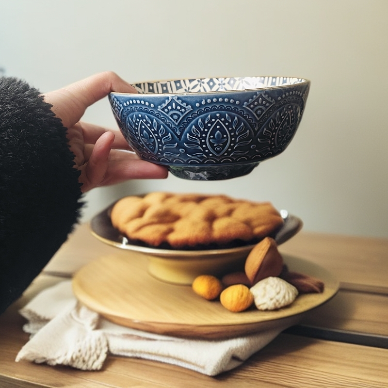 251蓝浮雕内绘精品陶瓷釉下彩汤碗面碗6.3英寸（默认微瑕）