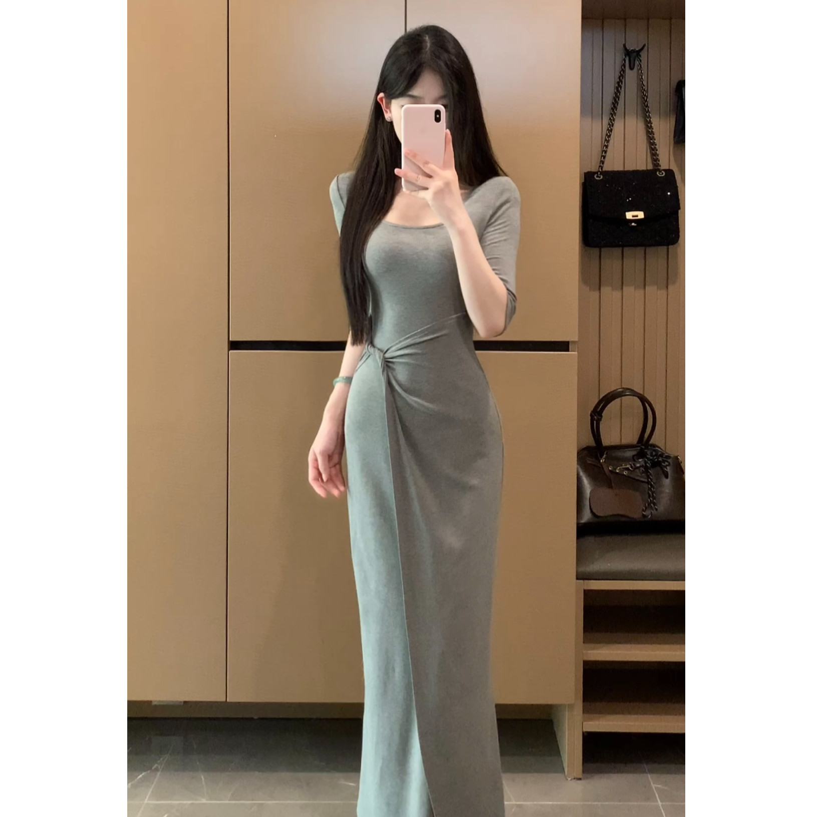 【玫瑰香拧】夏季法式长裙针织显瘦开叉设计感中袖连衣裙XY-195