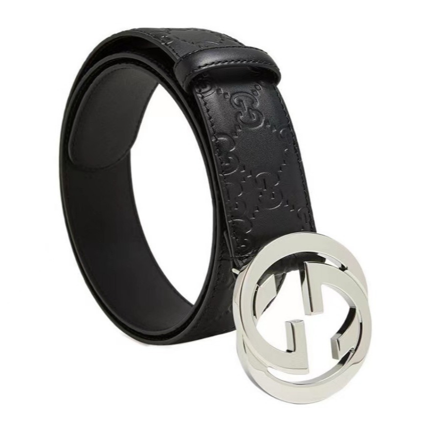 95新 GUCCI/古驰  银色大双G黑色压花腰带 4厘米宽 瑕疵款总合集