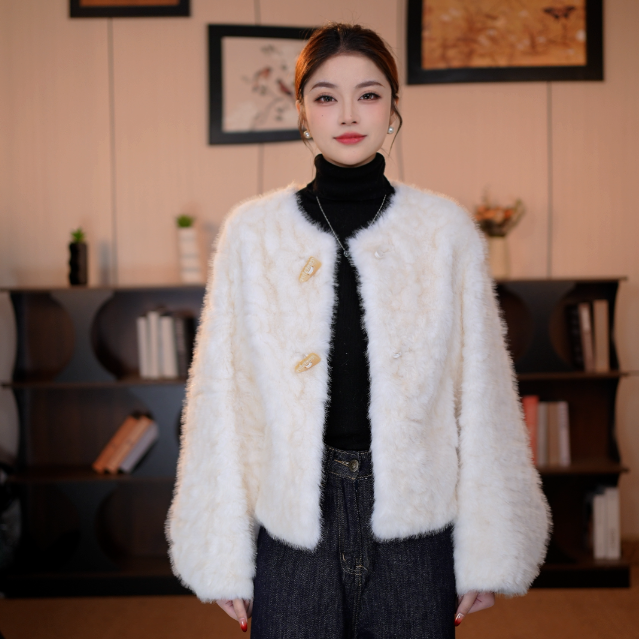 【七七】女士短款毛毛外套设计师冬季气质精致百搭小香风白色1