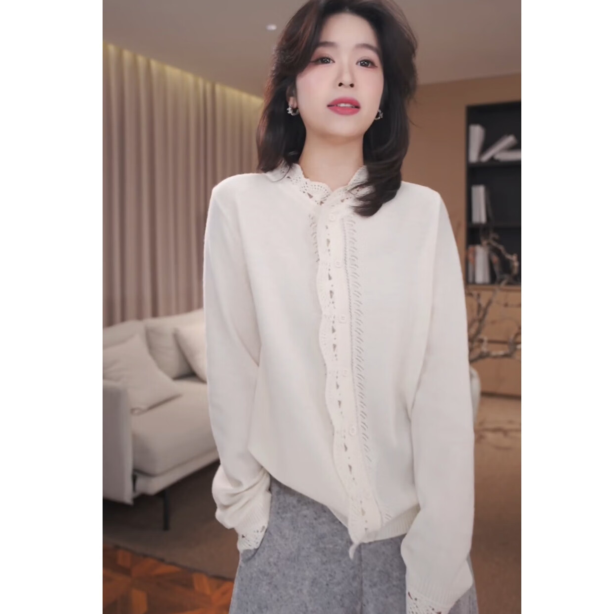 广州琴姐【云边花境】绵羊毛山羊绒钩花长袖打底针织开衫女冬季2461