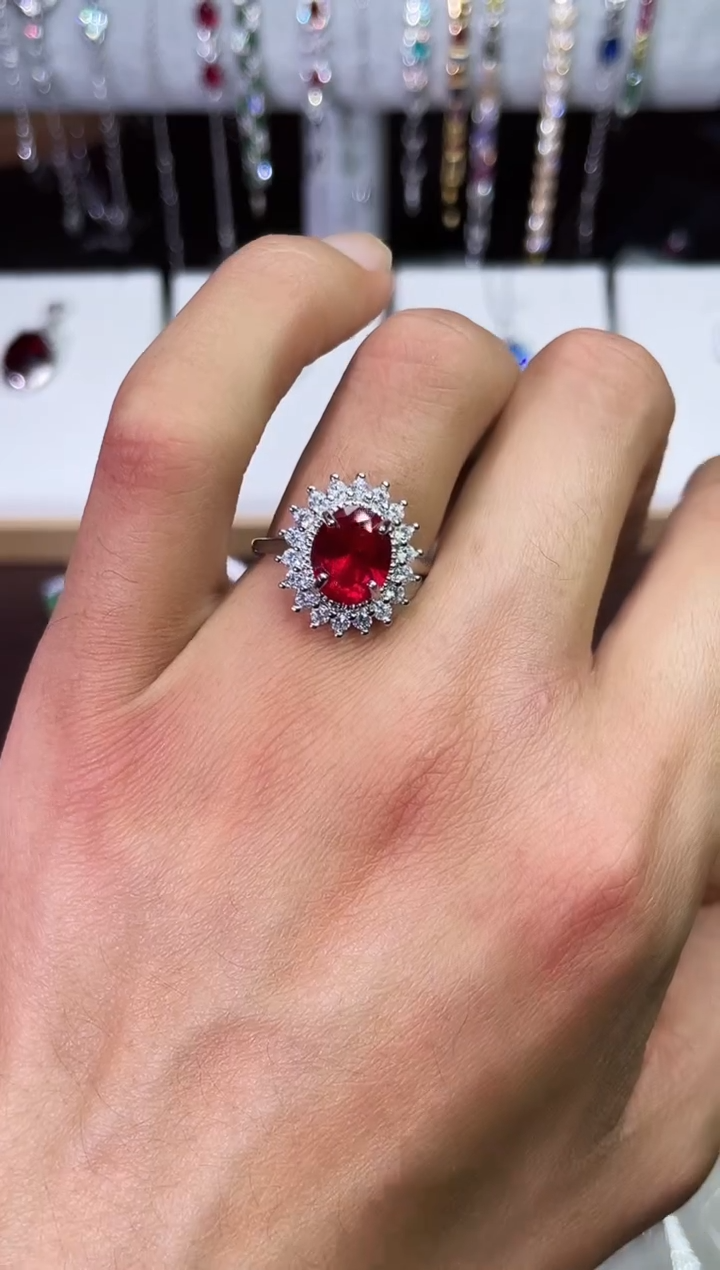 足铂镶嵌合成（培育）红宝石戒指/指环红宝戒指