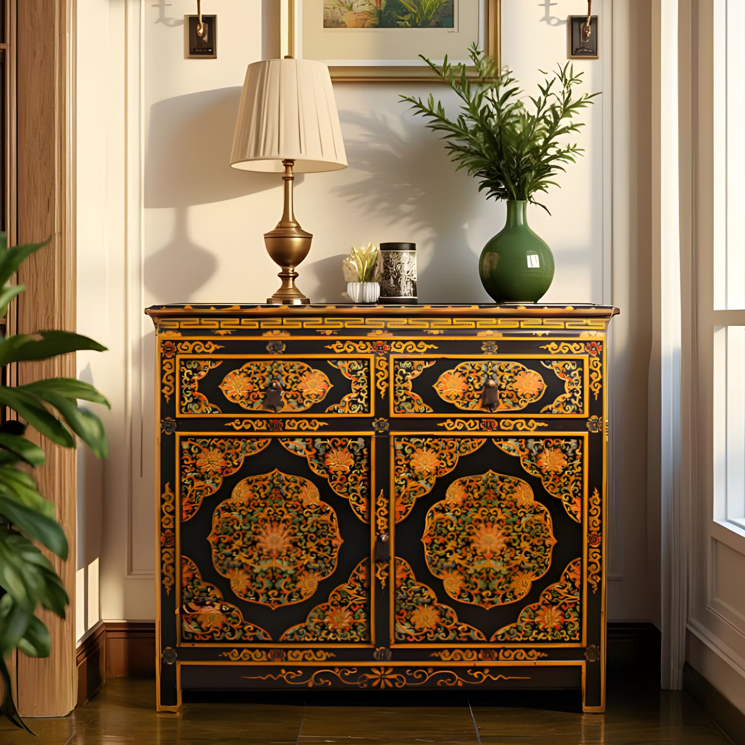 【本尼家】G8中式家居彩绘做旧隔断柜实木家用储物柜子玄关柜