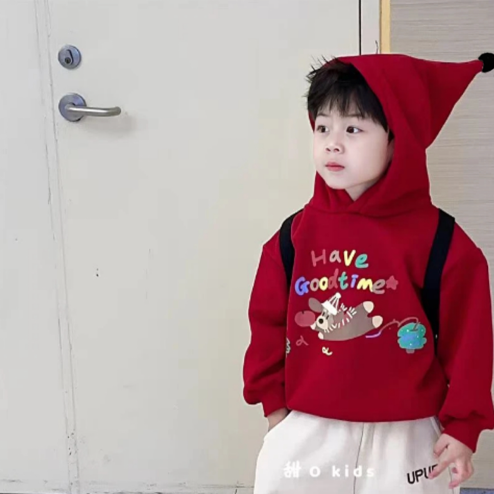 新年套装2026新款男女童韩版加厚羊驼绒绒红色连帽卫衣套装