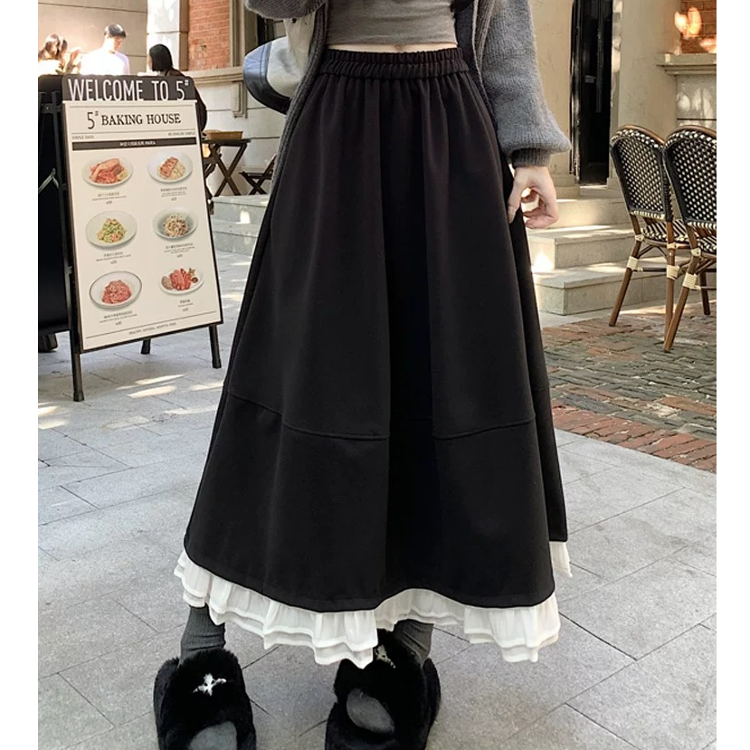 黑色毛呢百褶半身裙女秋冬松紧高腰显瘦遮胯垂感a字伞裙大摆长裙