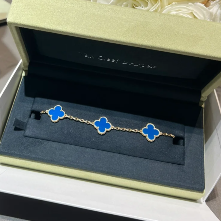 未使用 梵克雅宝 小花6枫 蓝花 中号五花手链 新扣 25年
