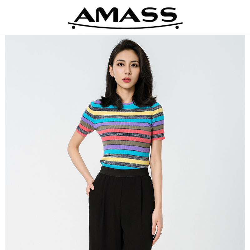 AMASS/阿玛施夏季新款修身冰丝彩色条纹显瘦圆领短袖t恤女5399610