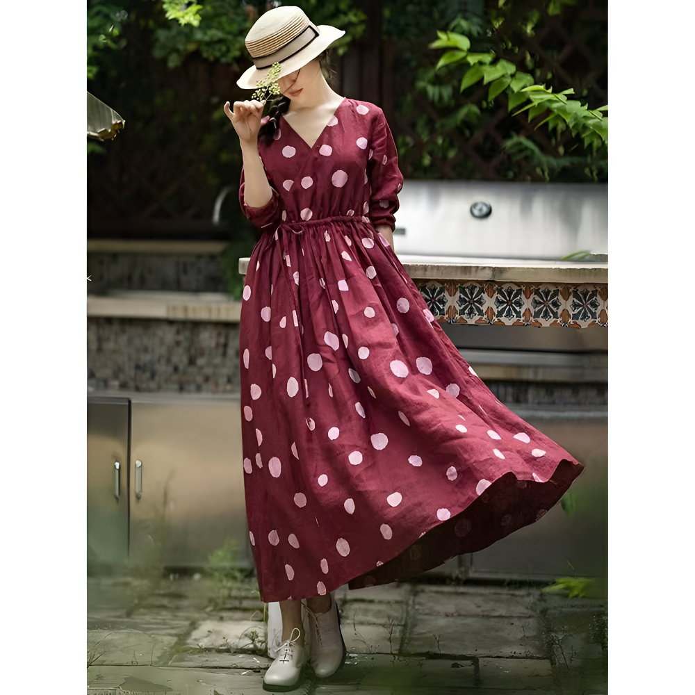 棉麻V领长袖连衣裙女2025春季新款大码宽松收腰显瘦复古气质长裙