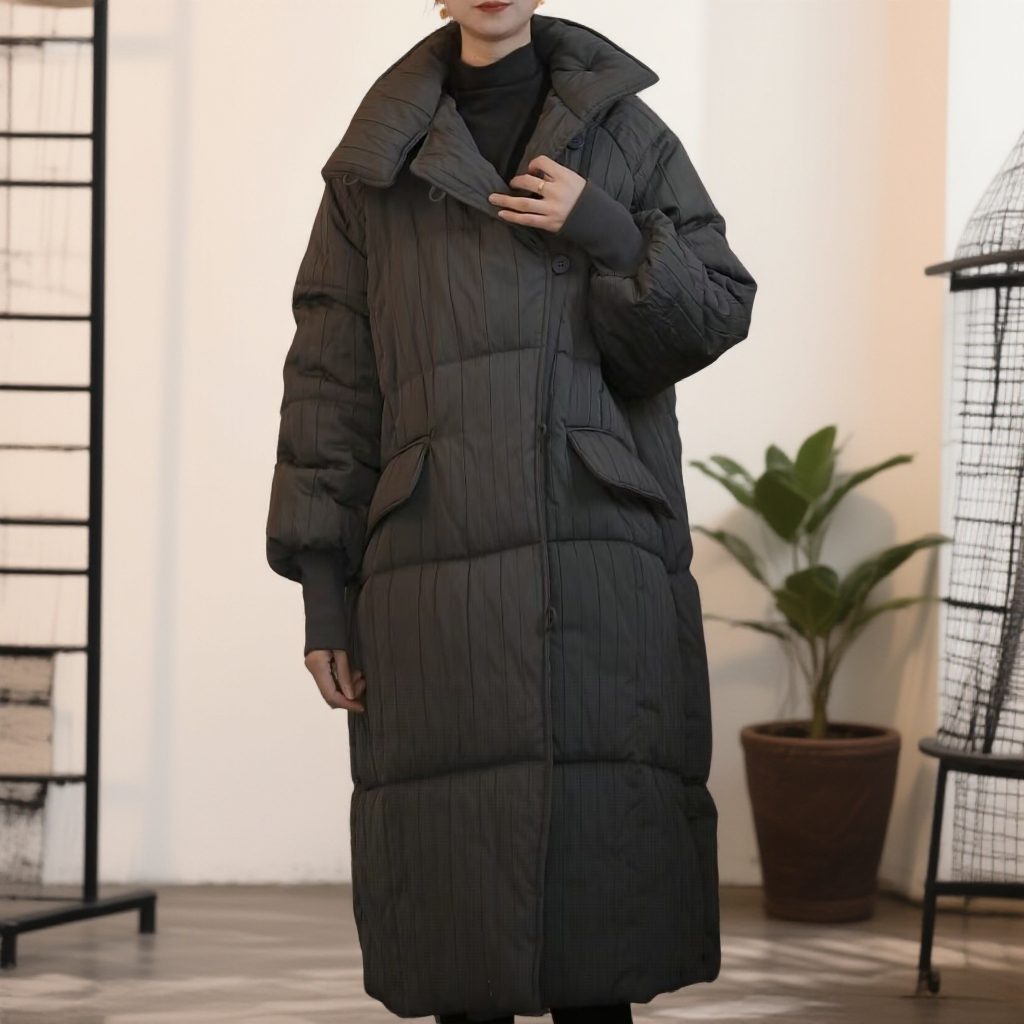 风琴褶立领女士宽松加厚保暖冬季时尚洋气气质长款棉服百搭抗皱