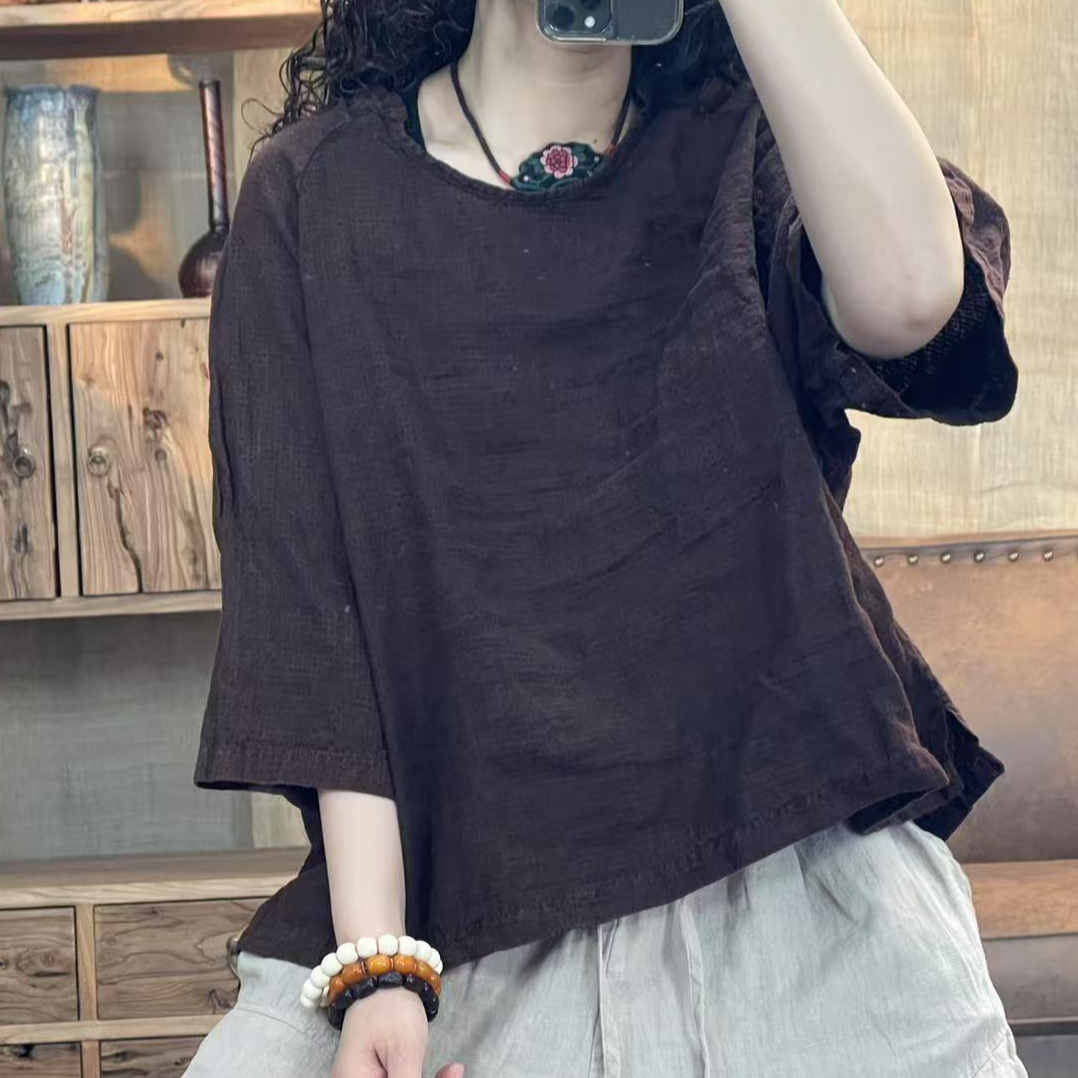 [四月阳光]夏季亚麻炒色做旧圆领休闲女装上衣(长60胸围140)