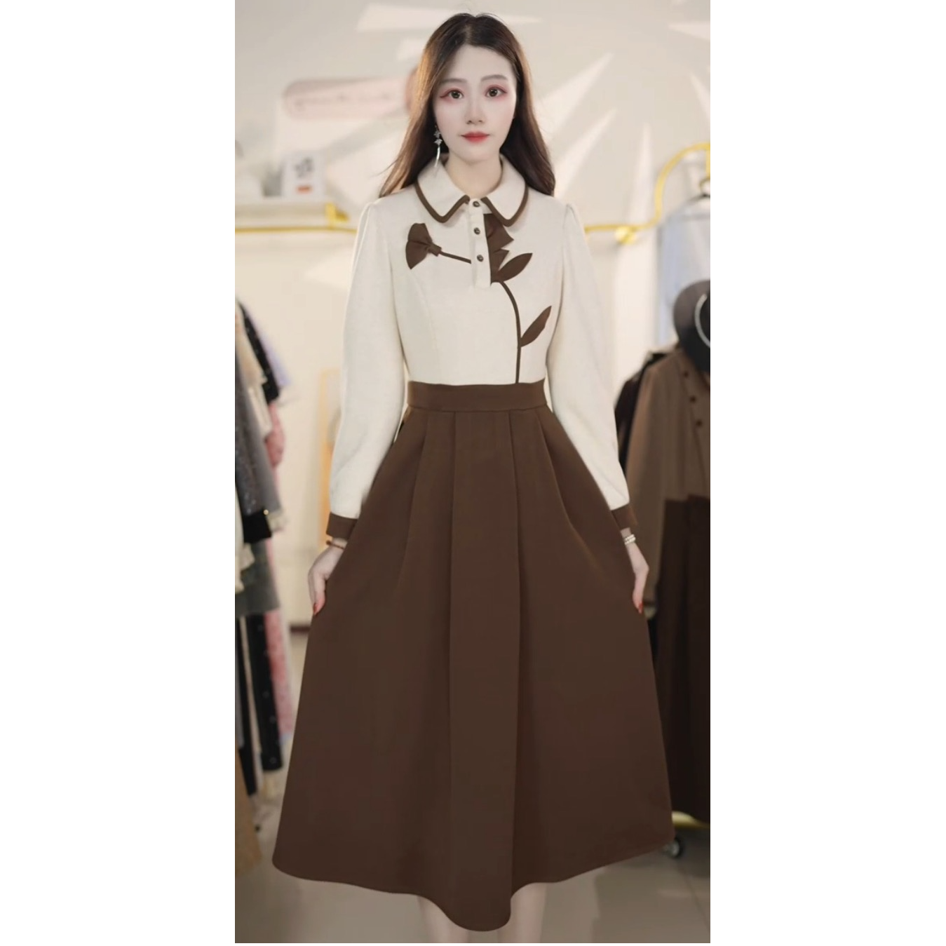 假两件小香风连衣裙2025秋冬新款气质显瘦中长款连衣裙Y651011